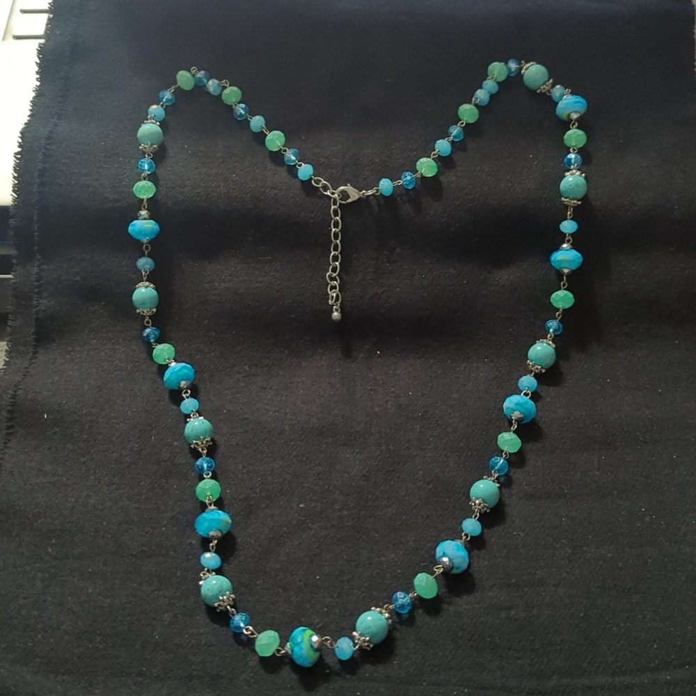 Silver Tone Blue Crystal Glass Faceted Beaded Long Statement Necklace